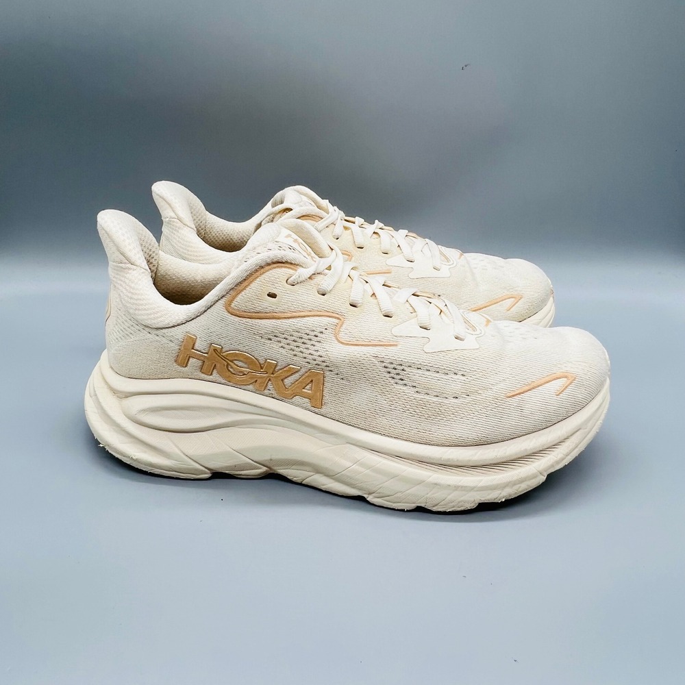 Hoka One One Shoes Women 7.5 Cream Gold Mesh Clifton 10 Running Athletic Sneaker